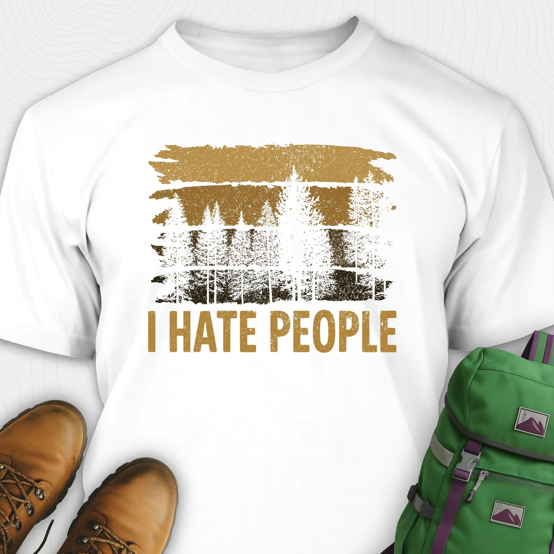 White I hate people t-shirt with distressed forest graphic