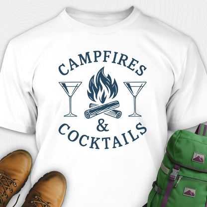 White campfires and cocktails shirt with martini glasses and campfire