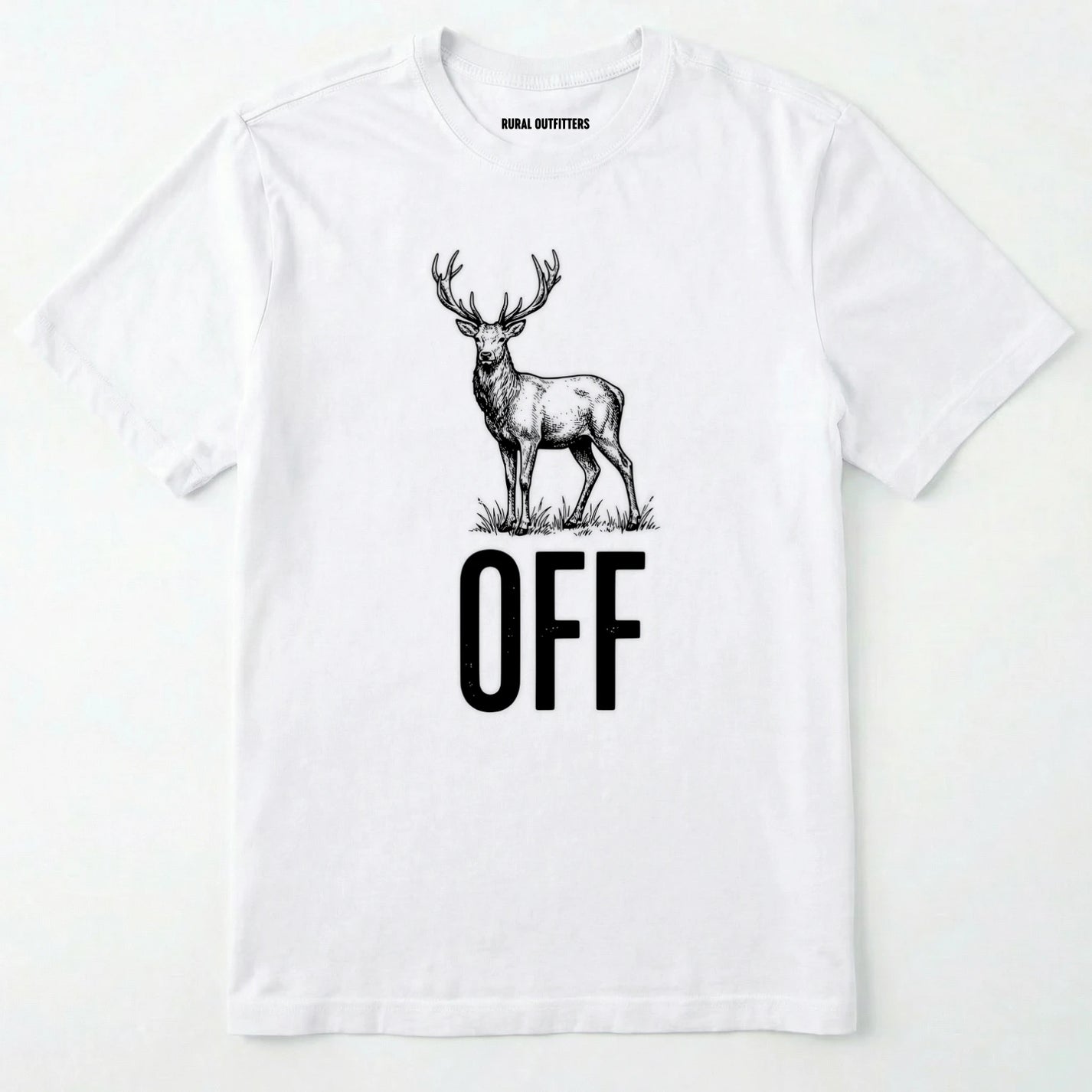 White t-shirt with a deer graphic and 'off' text on a white background