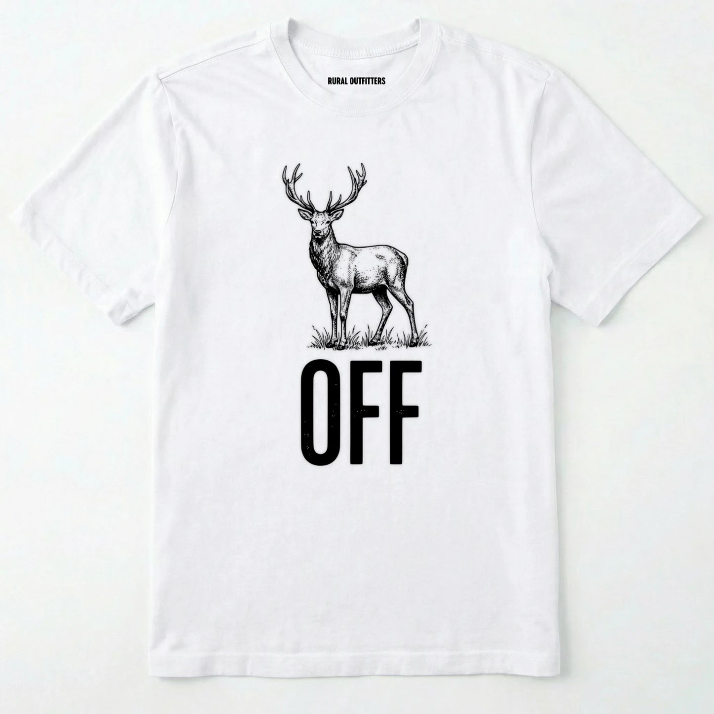 White t-shirt with a deer graphic and 'off' text on a white background