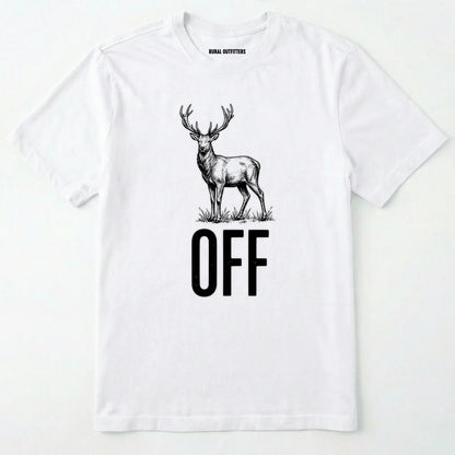 White t-shirt with a deer graphic and 'off' text on a white background