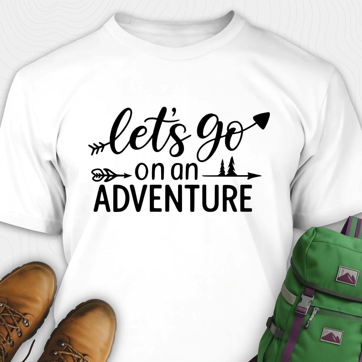 White lets go on an adventure shirt with arrow and trees graphic