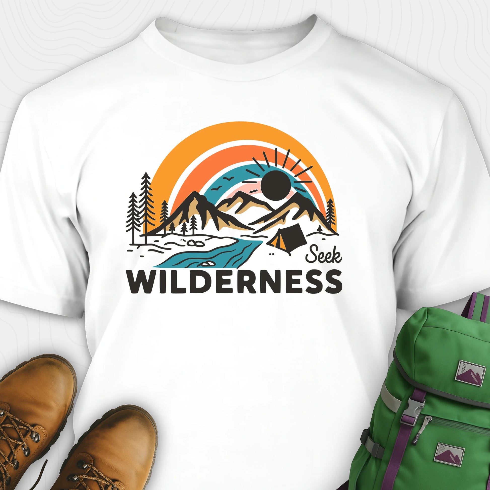 White vintage camping shirt with retro sunset and mountain design