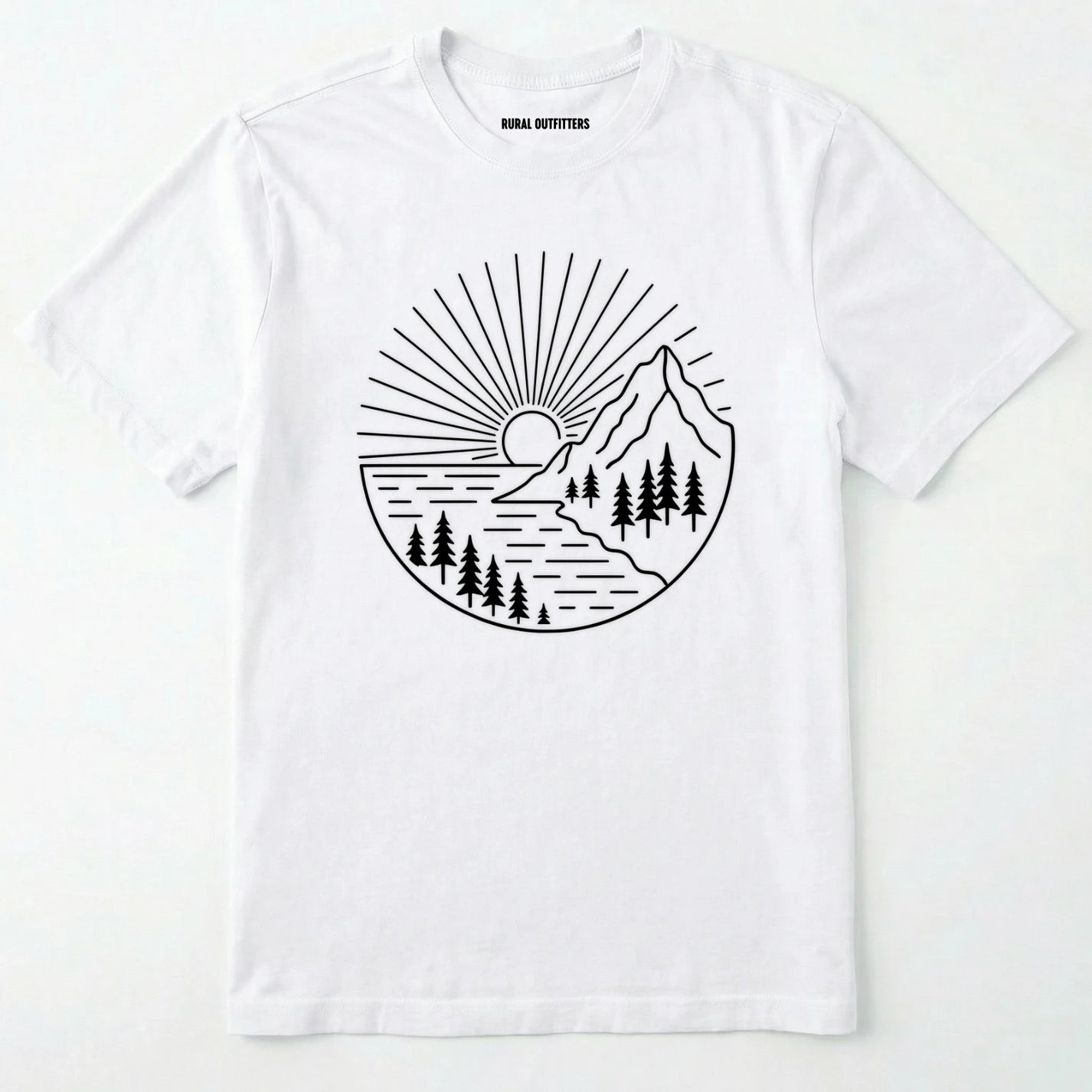 White mountain t-shirt with a white line-art design of mountains, trees, and a sunrise on a white background.