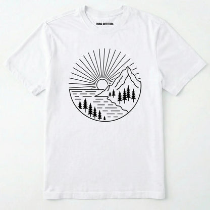 White mountain t-shirt with a white line-art design of mountains, trees, and a sunrise on a white background.