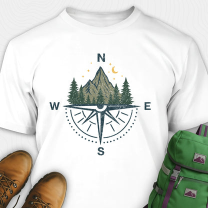 White compass shirt with mountains and pine trees design