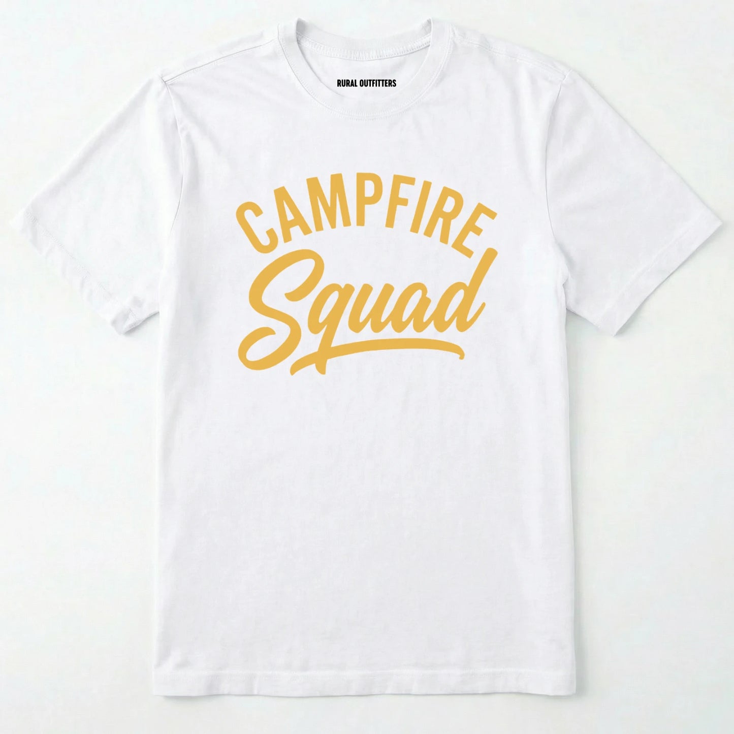 White t-shirt with 'campfire squad' text in yellow on a white background