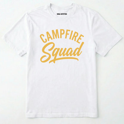 White t-shirt with 'campfire squad' text in yellow on a white background