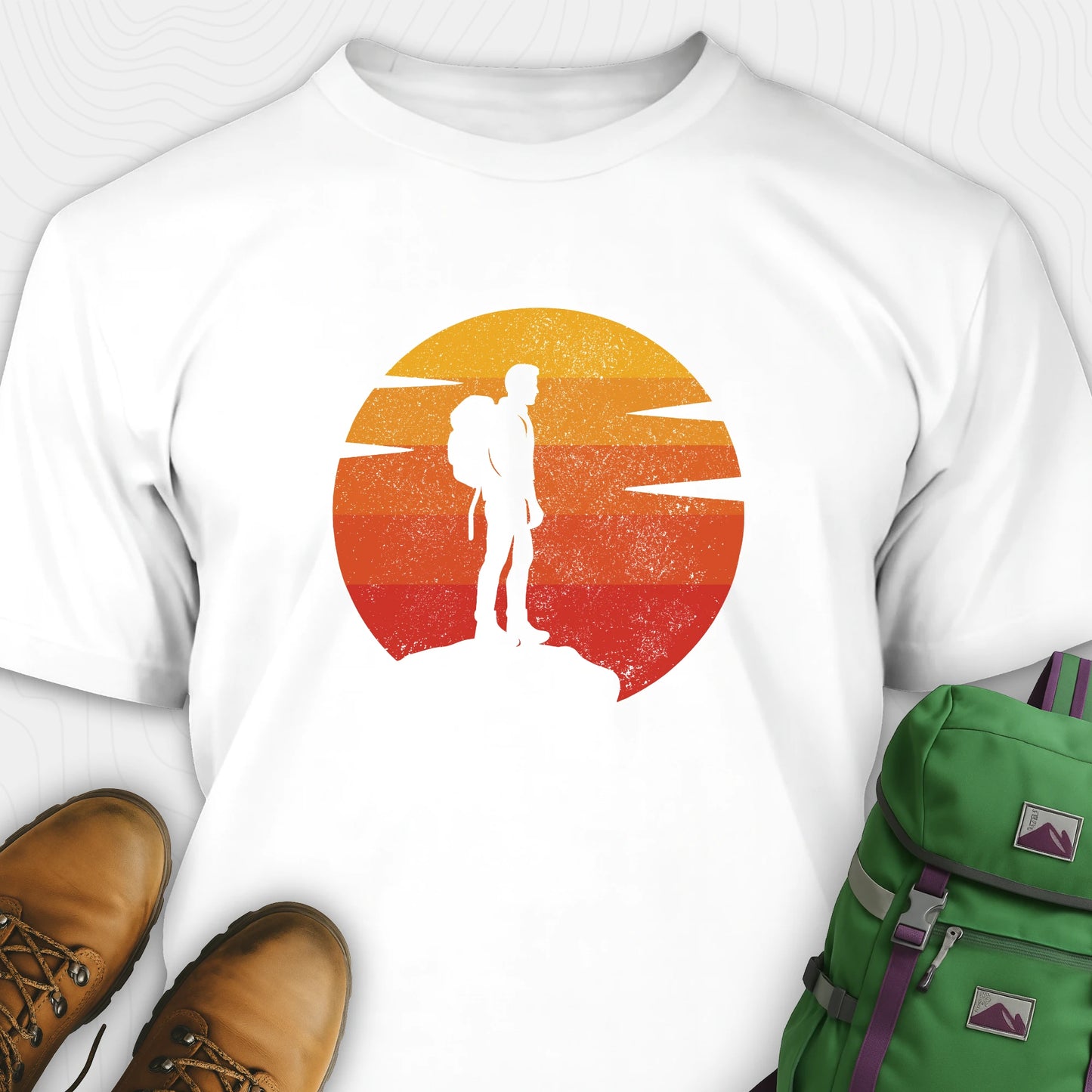 White retro sunset t-shirt with hiker silhouette