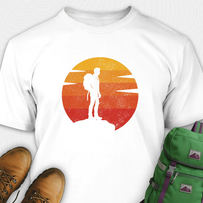 White retro sunset t-shirt with hiker silhouette