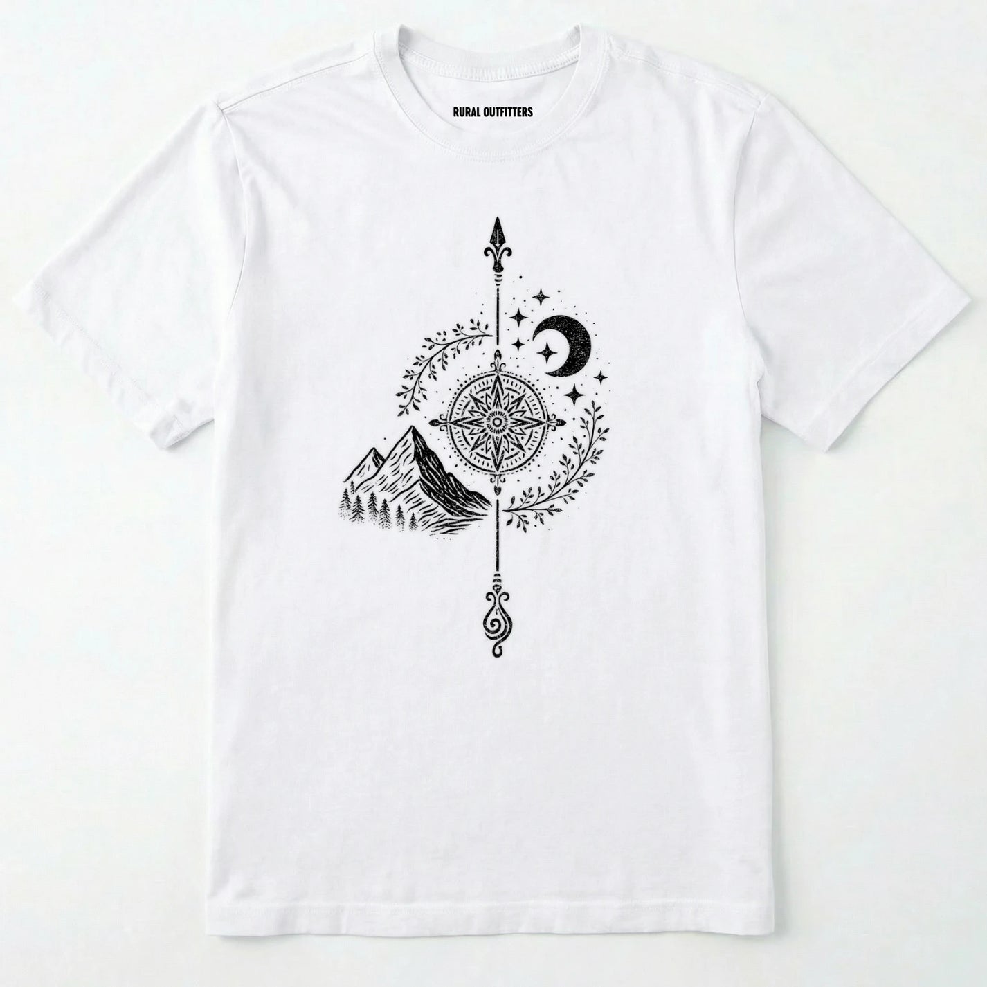White women's hiking shirt with a white graphic design of a compass, moon, and mountains on a white background.
