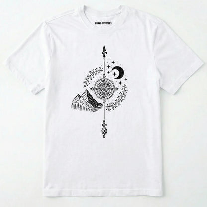 White women's hiking shirt with a white graphic design of a compass, moon, and mountains on a white background.