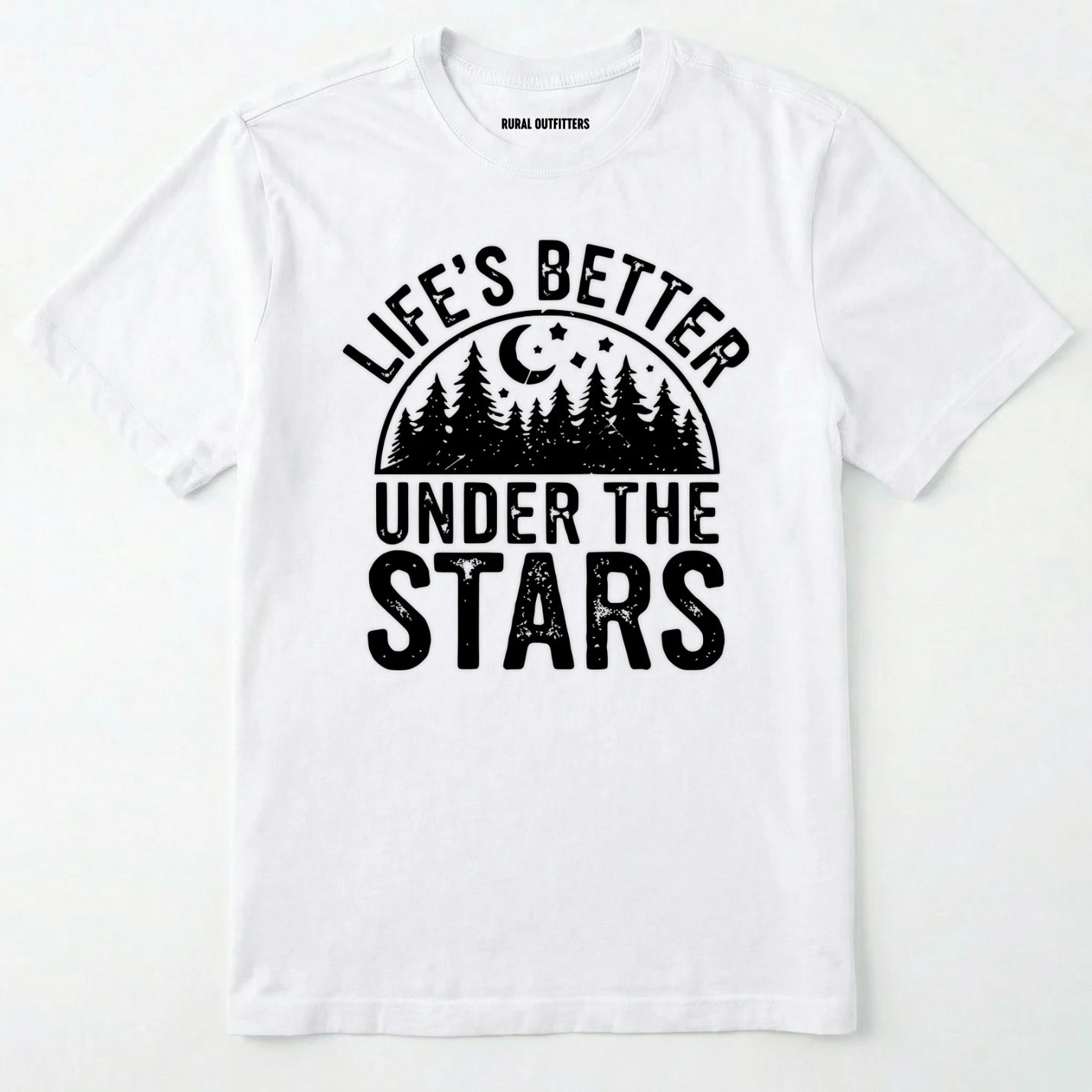 White life's better under the stars t-shirt with forest and moon graphic on a white background.
