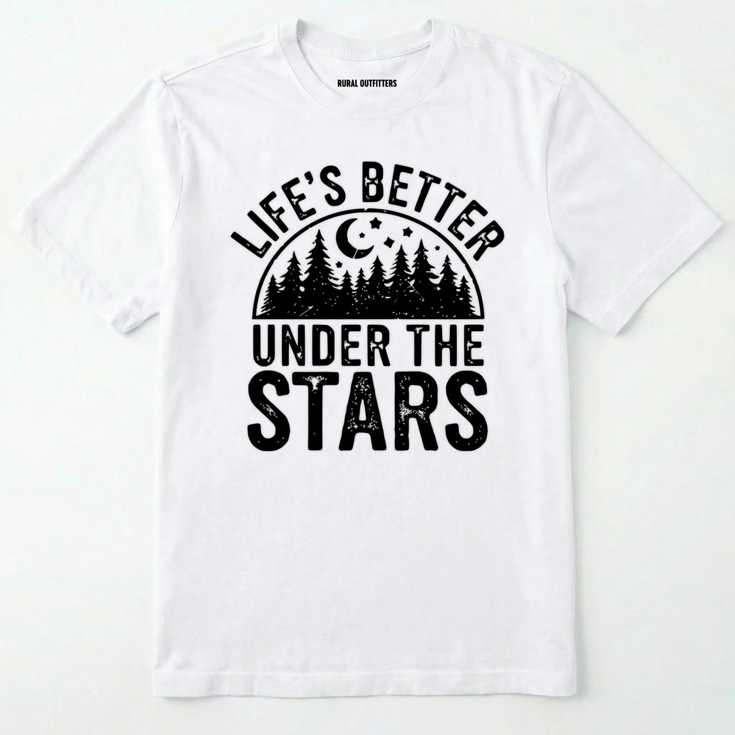 White life's better under the stars t-shirt with forest and moon graphic on a white background.