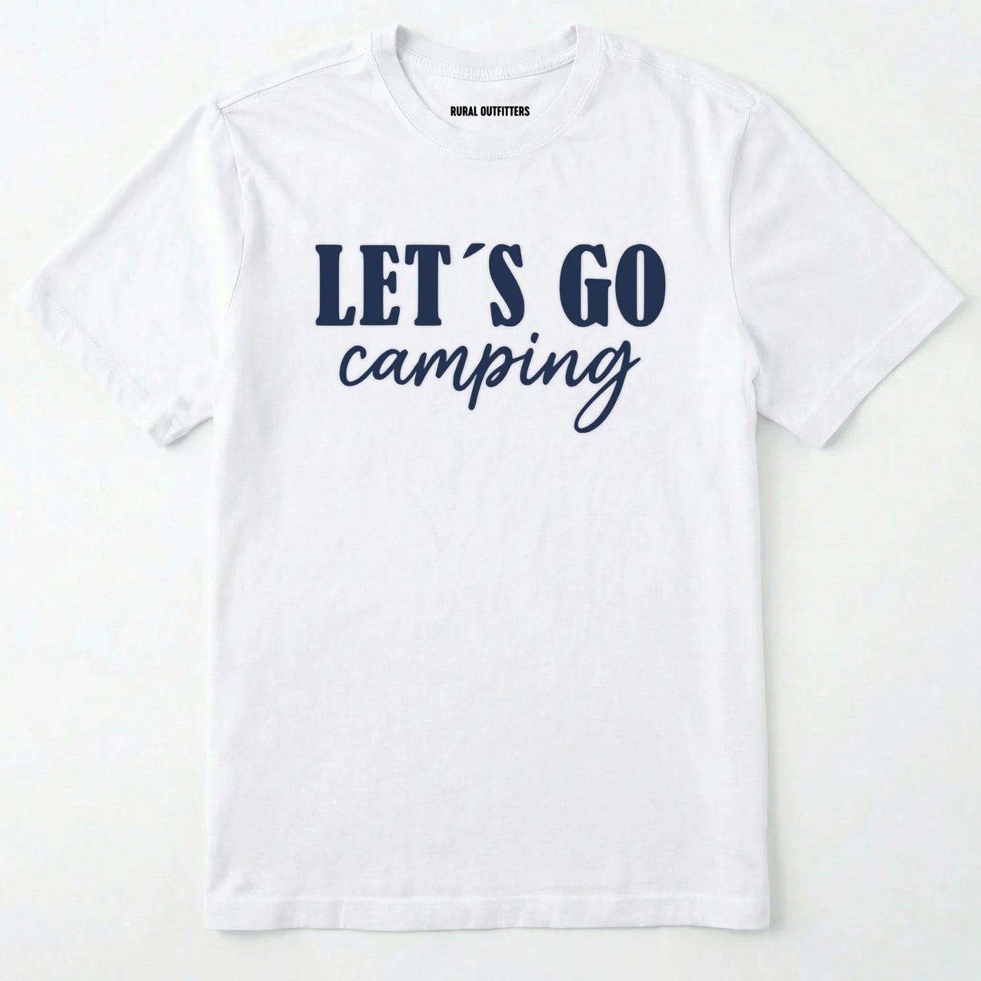 White lets go camping shirt with simple adventure typography on a light grey background.