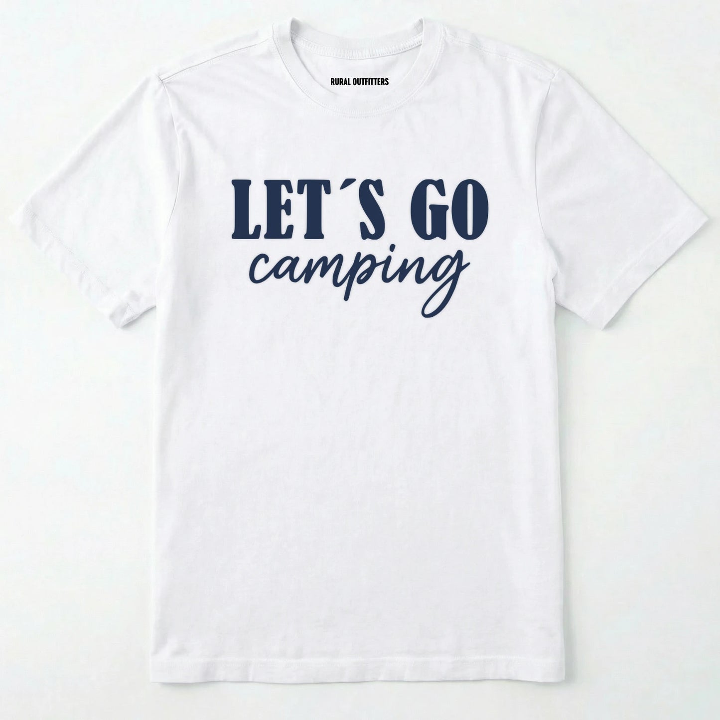 White lets go camping shirt with simple adventure typography on a light grey background.