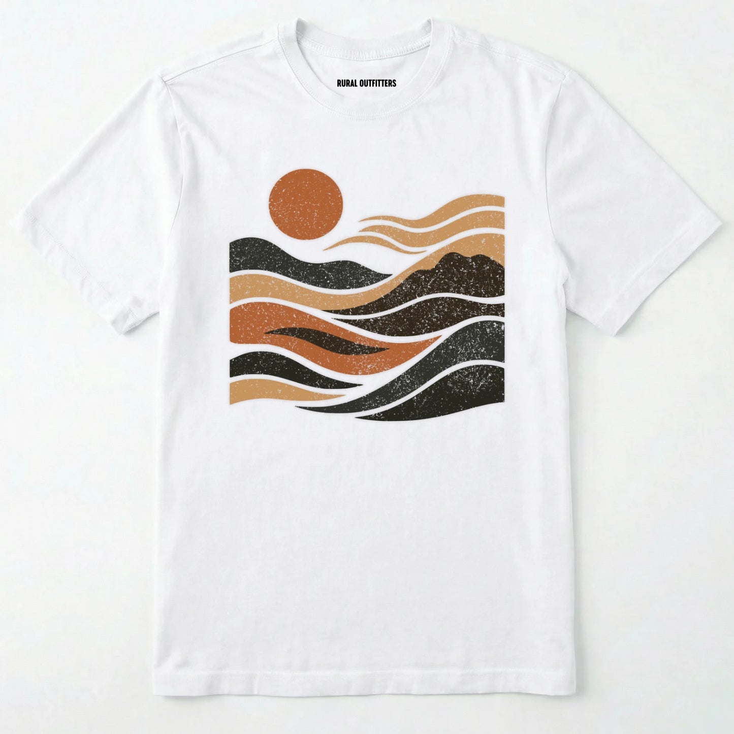White t-shirt with a graphic design of mountains and a sun on a white background