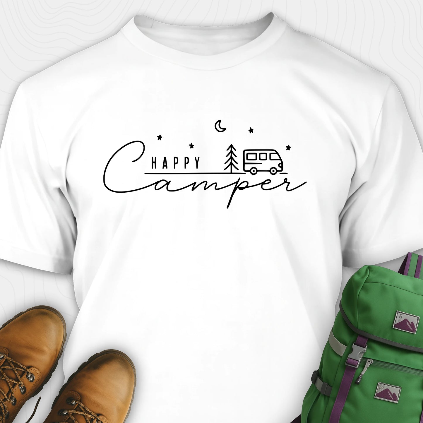 White happy camper tee with minimalist camper and night sky design