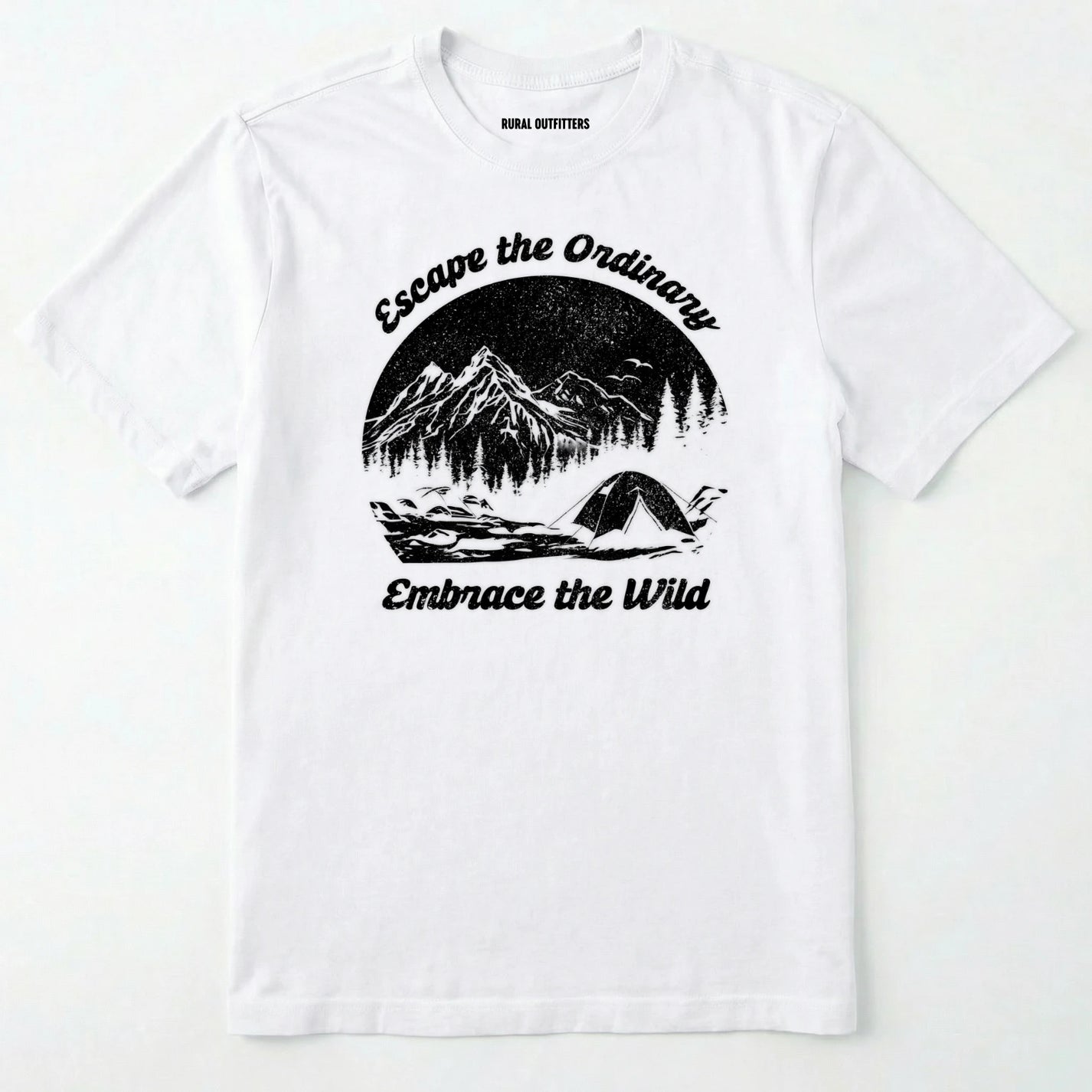 White escape the ordinary t-shirt with mountain and tent graphic on a white background.