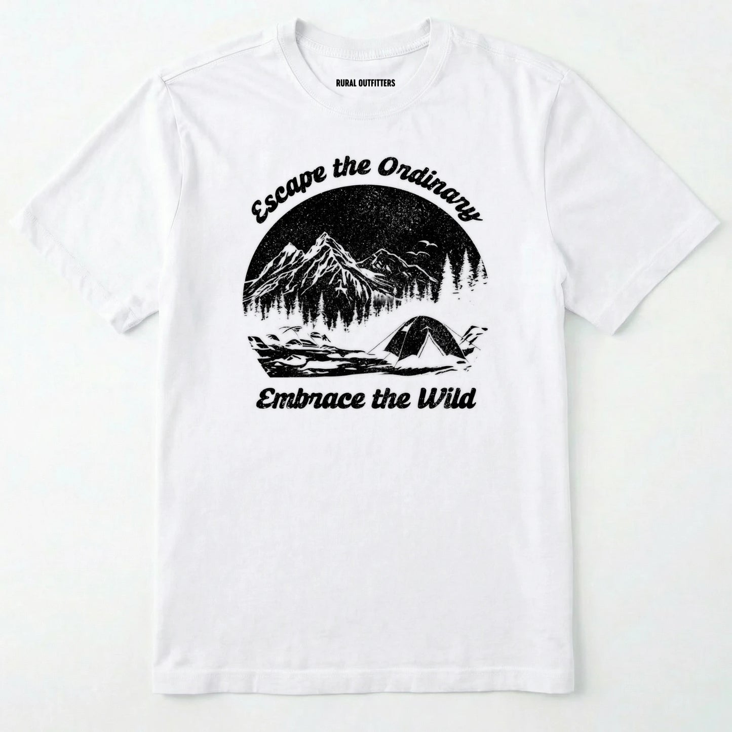 White escape the ordinary t-shirt with mountain and tent graphic on a white background.