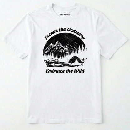 White escape the ordinary t-shirt with mountain and tent graphic on a white background.