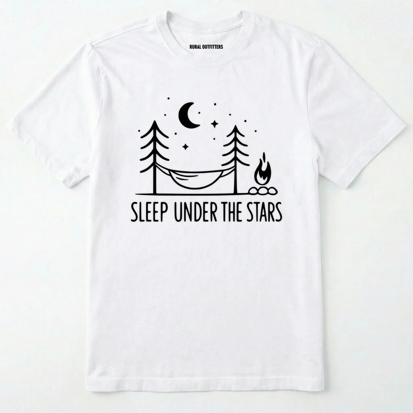 White night sky shirt with hammock, moon, stars and campfire design on a white background.