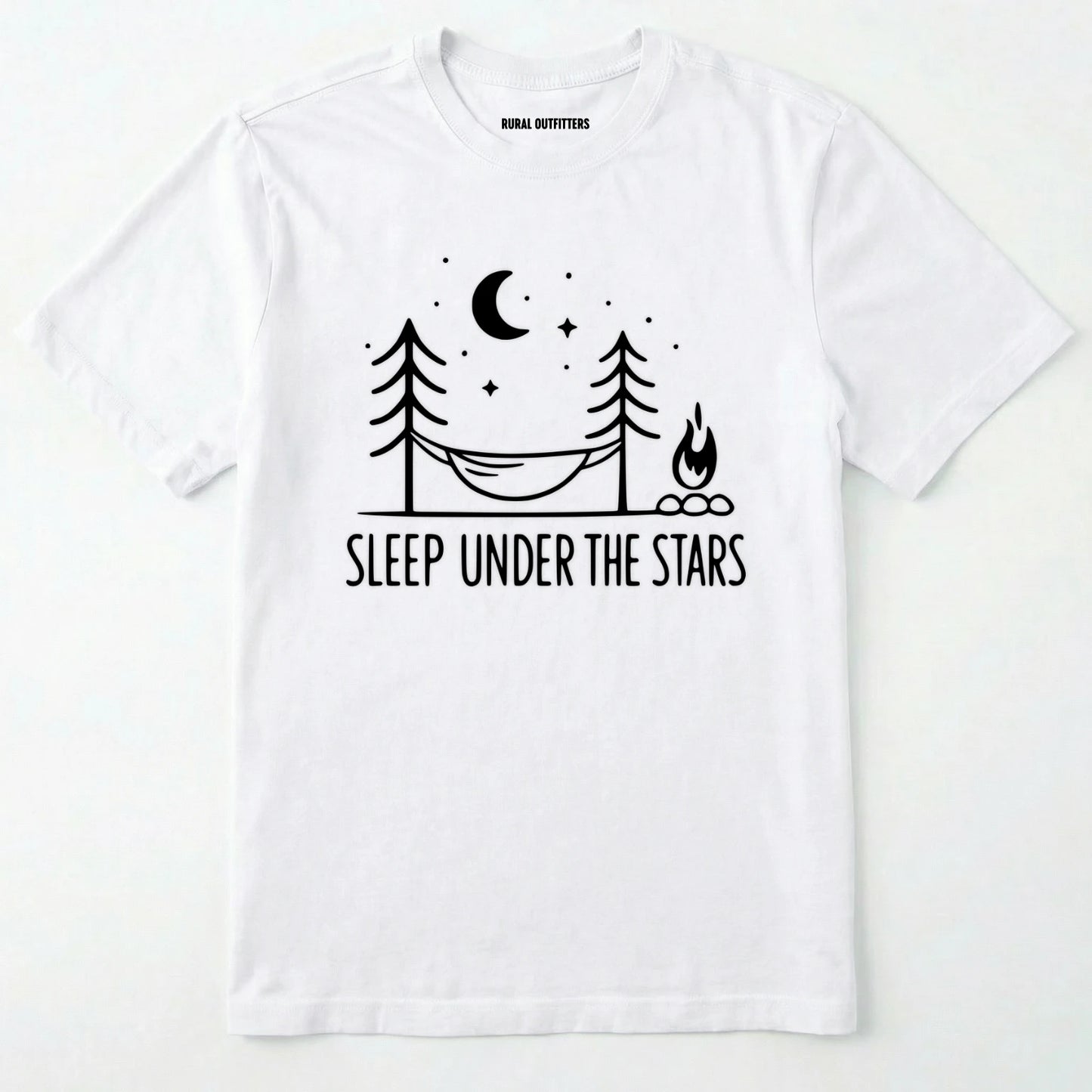 White night sky shirt with hammock, moon, stars and campfire design on a white background.