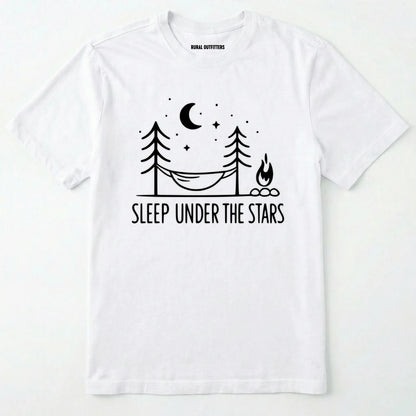 White night sky shirt with hammock, moon, stars and campfire design on a white background.