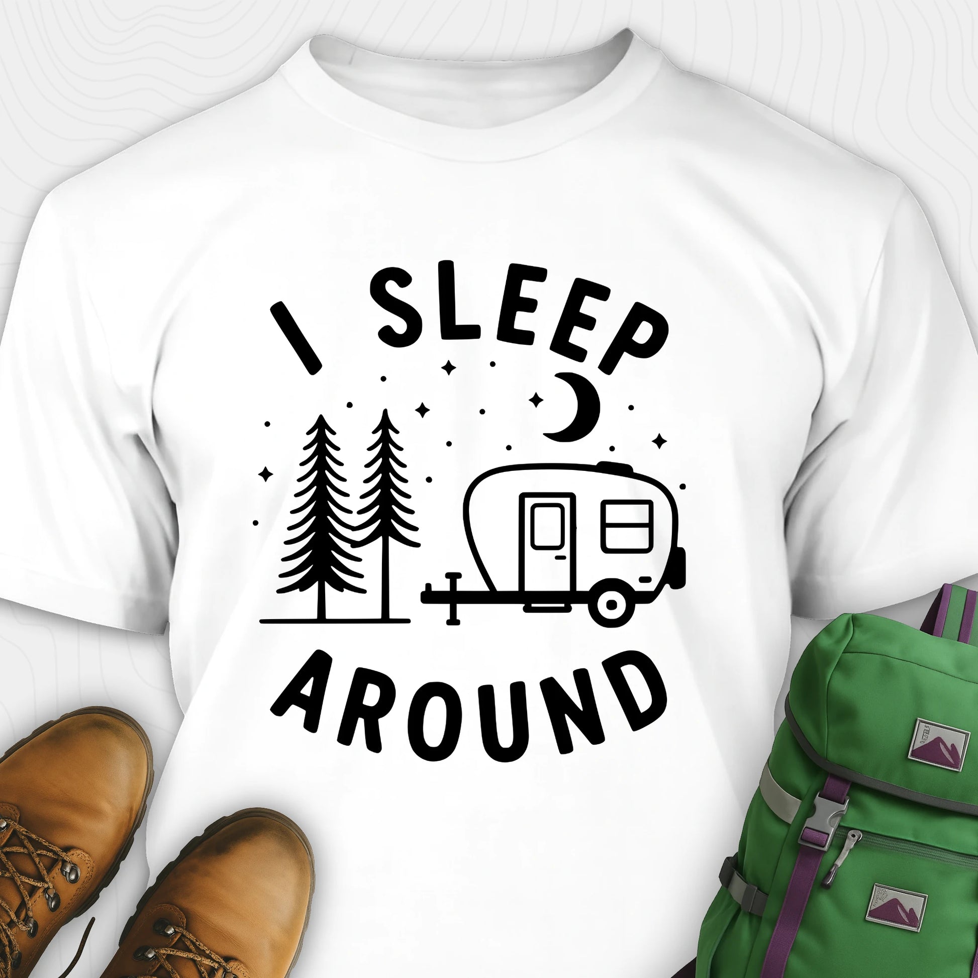 White I sleep around camper shirt with travel trailer and night sky graphic