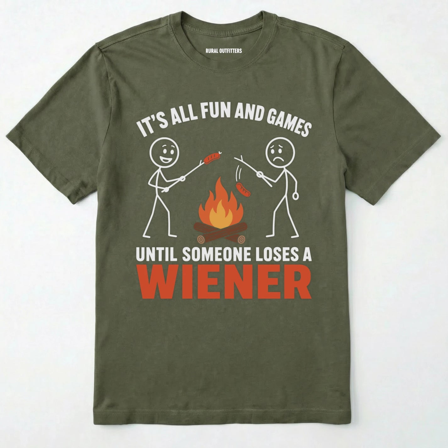 Military Green funny wiener shirt with humorous campfire graphic and text on a white background