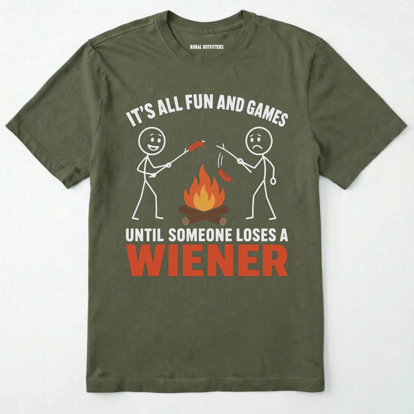 Military Green funny wiener shirt with humorous campfire graphic and text on a white background
