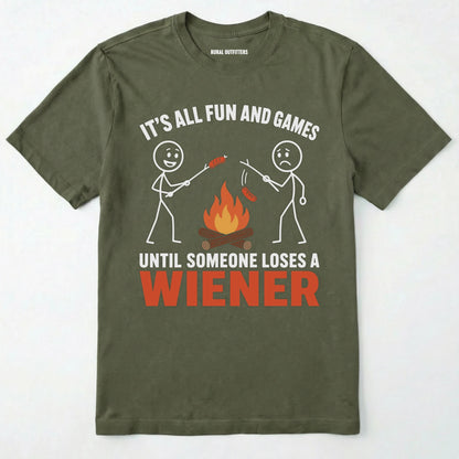 Military Green funny wiener shirt with humorous campfire graphic and text on a white background