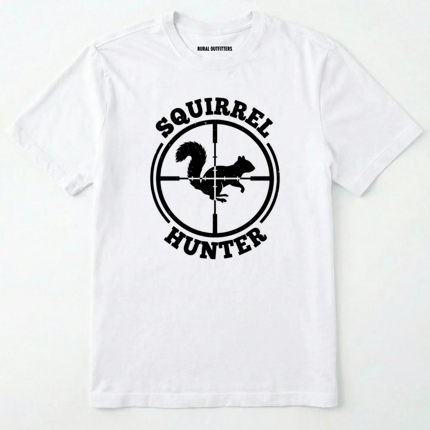 White t-shirt with 'squirrel hunter' graphic design on a white background