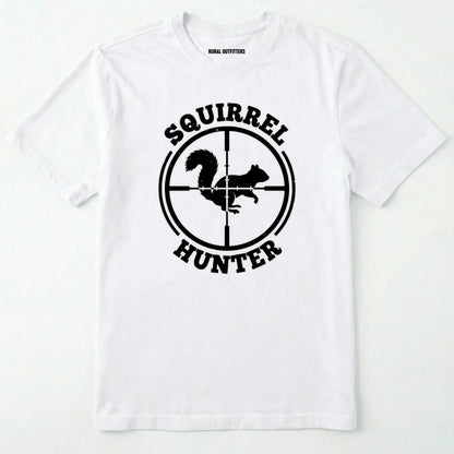 White t-shirt with 'squirrel hunter' graphic design on a white background