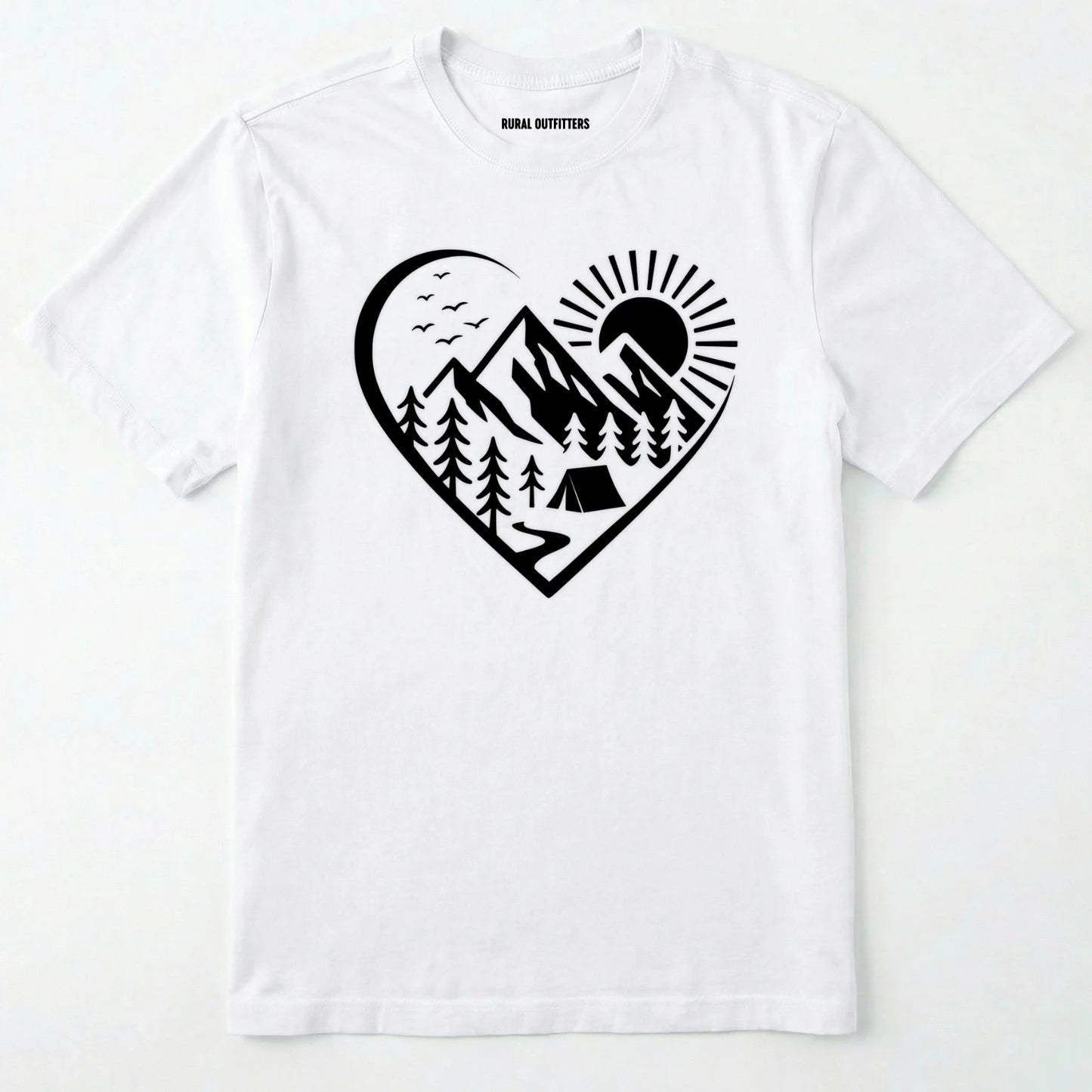 White nature t-shirt featuring a heart graphic with mountains, trees, and tent illustration