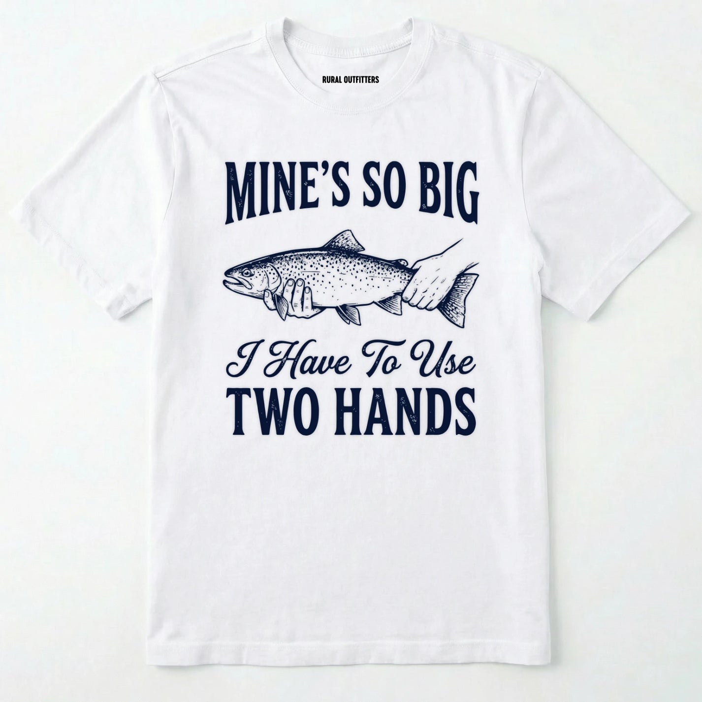 White t-shirt with a fish graphic and text on a white background