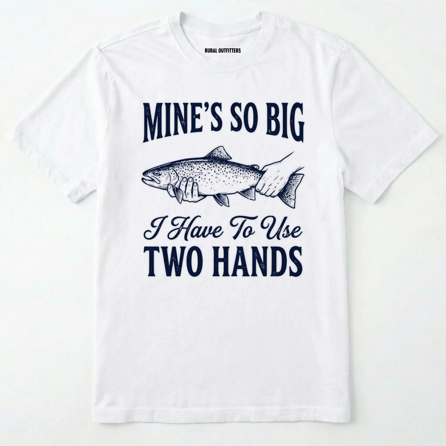White t-shirt with a fish graphic and text on a white background
