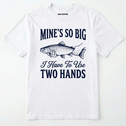 White t-shirt with a fish graphic and text on a white background