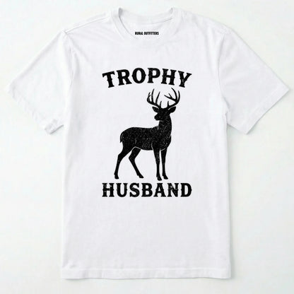White t-shirt with black deer graphic and text 'trophy husband' on a white background