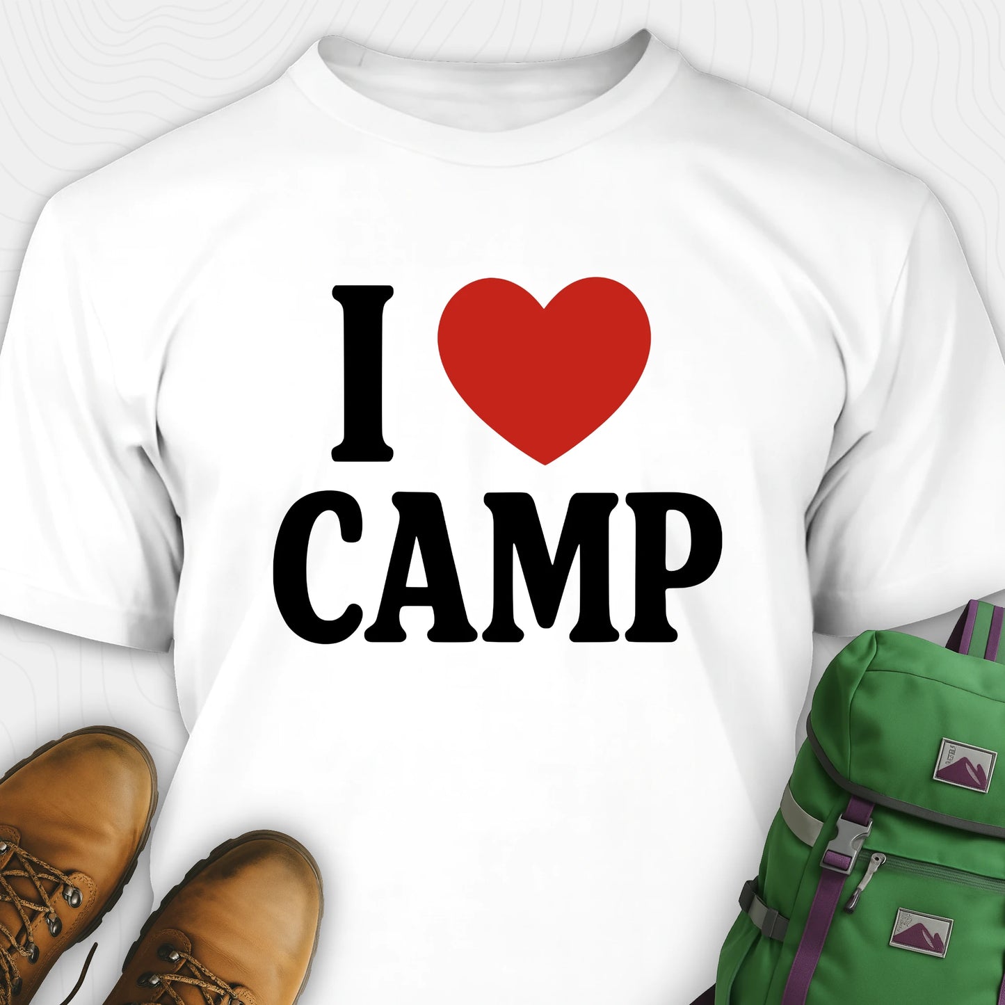 White I love camp t-shirt with bold text and heart design