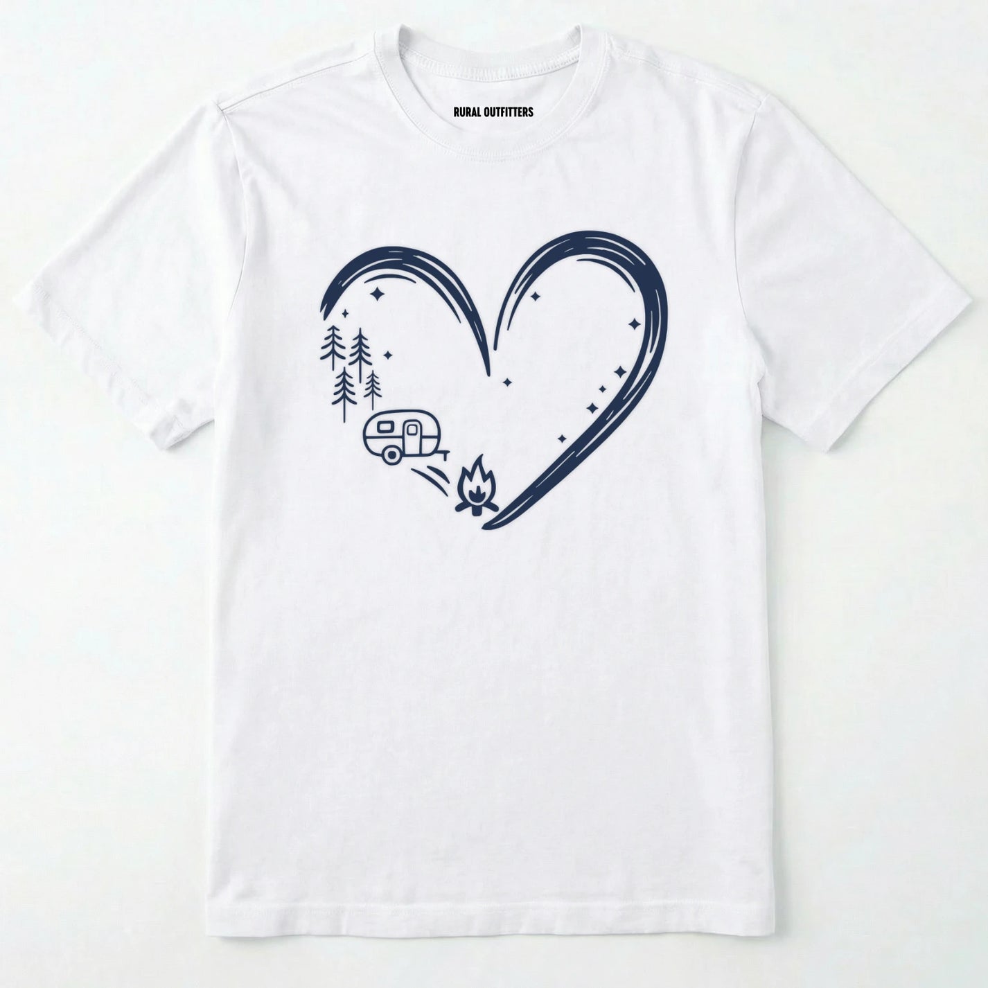 White i love camping shirt with a heart-shaped mountain and camper design on a white background.