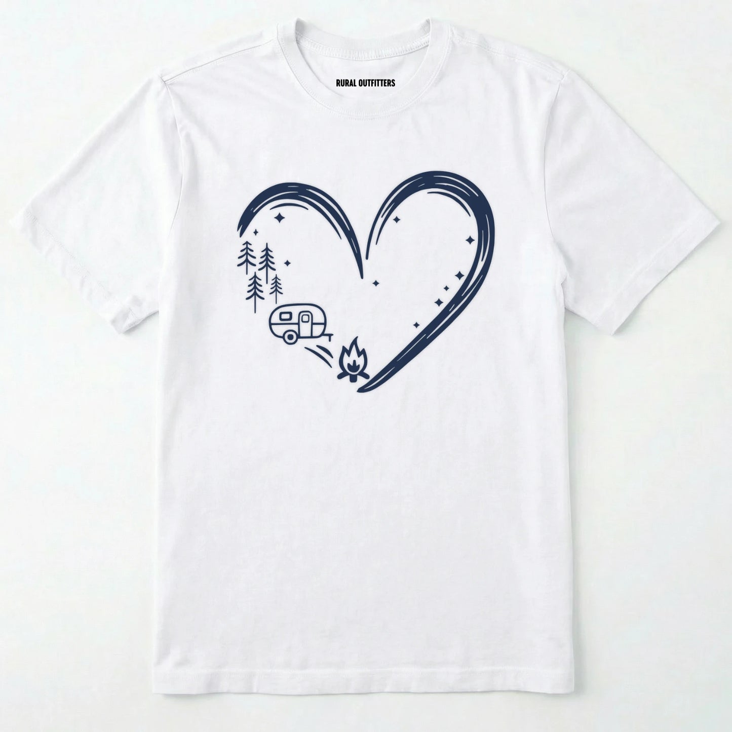 White i love camping shirt with a heart-shaped mountain and camper design on a white background.