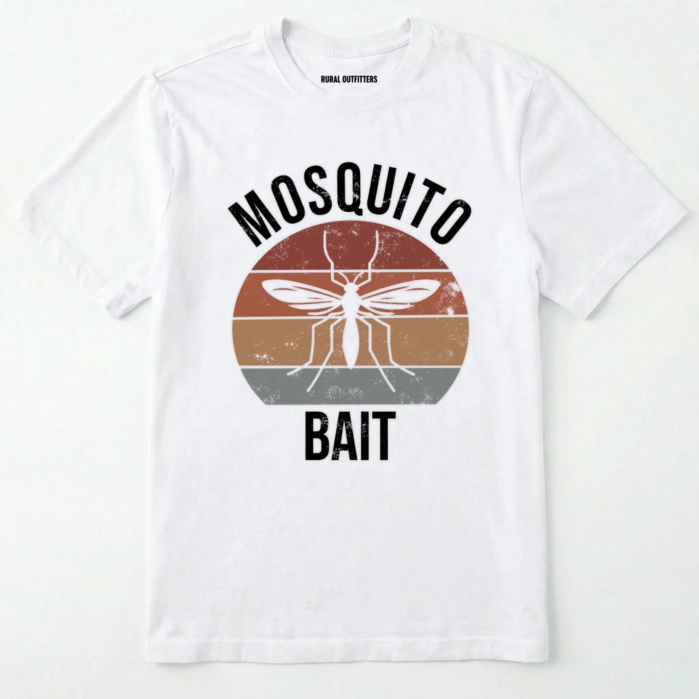 White mosquito shirt with mosquito graphic and 'mosquito bait' text on a white background