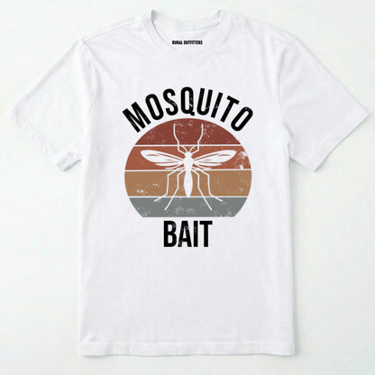 White mosquito shirt with mosquito graphic and 'mosquito bait' text on a white background