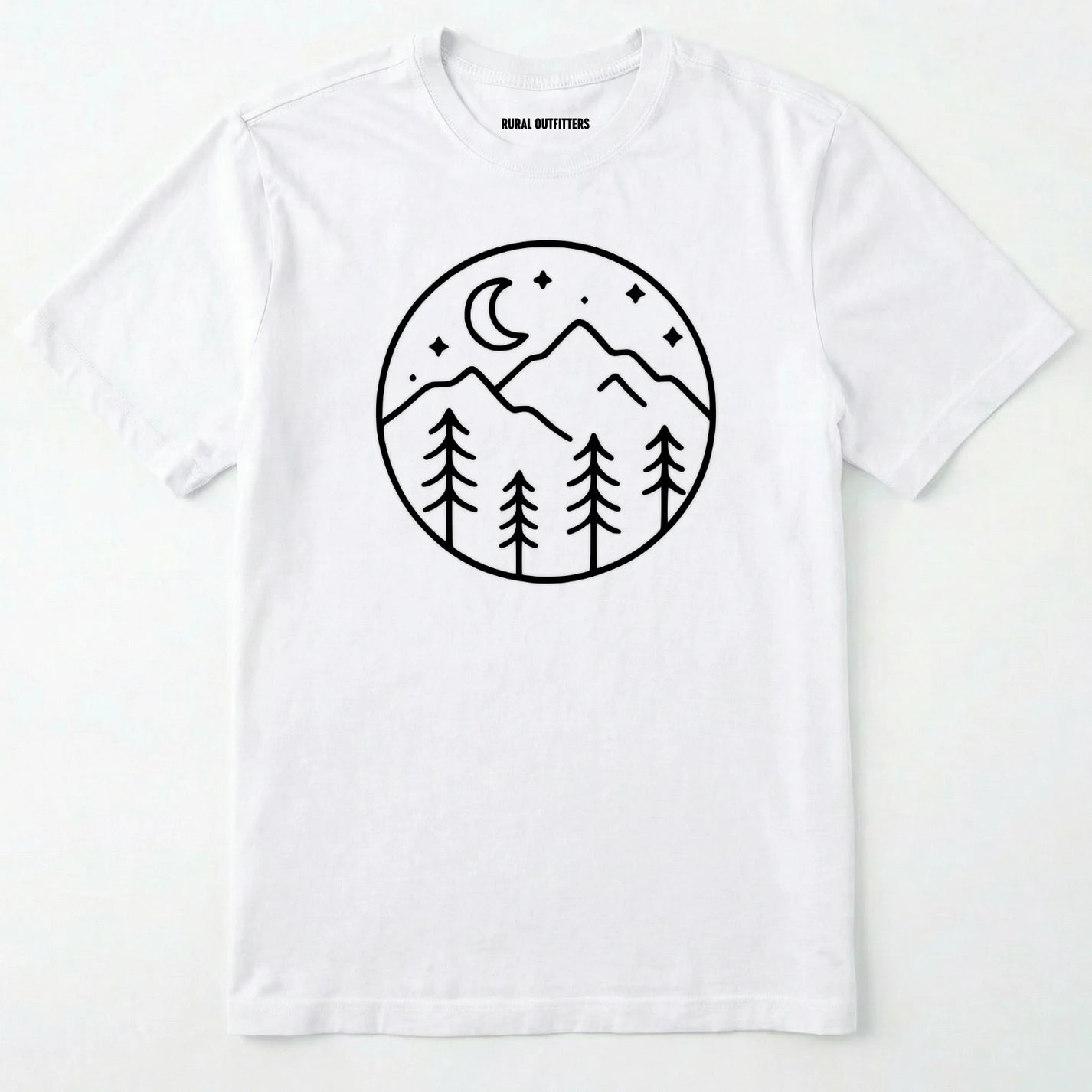 White moon and stars shirt with minimalist mountain and forest design on a white background.