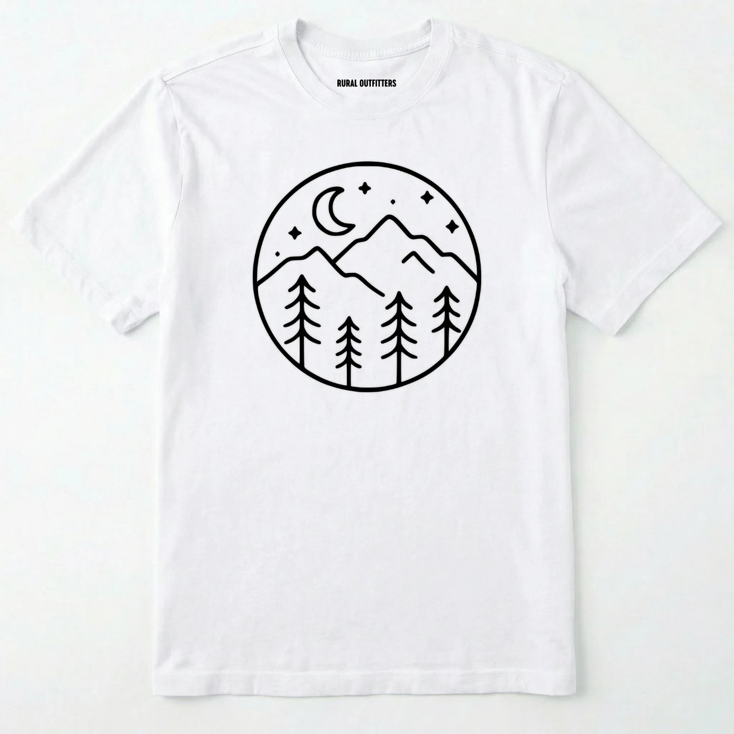 White moon and stars shirt with minimalist mountain and forest design on a white background.