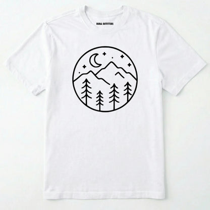 White moon and stars shirt with minimalist mountain and forest design on a white background.