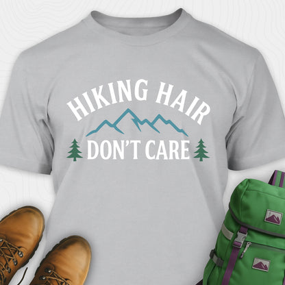 Grey hike shirt with mountain silhouette and pine trees