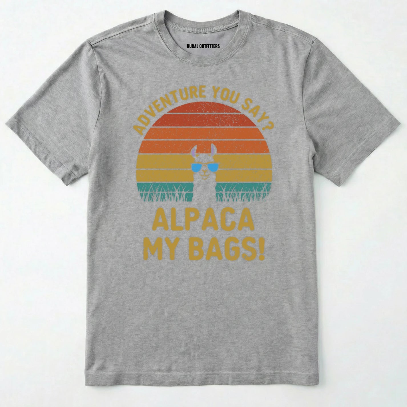 Sport Grey alpaca my bags shirt with retro sunset and llama graphic on a white background.