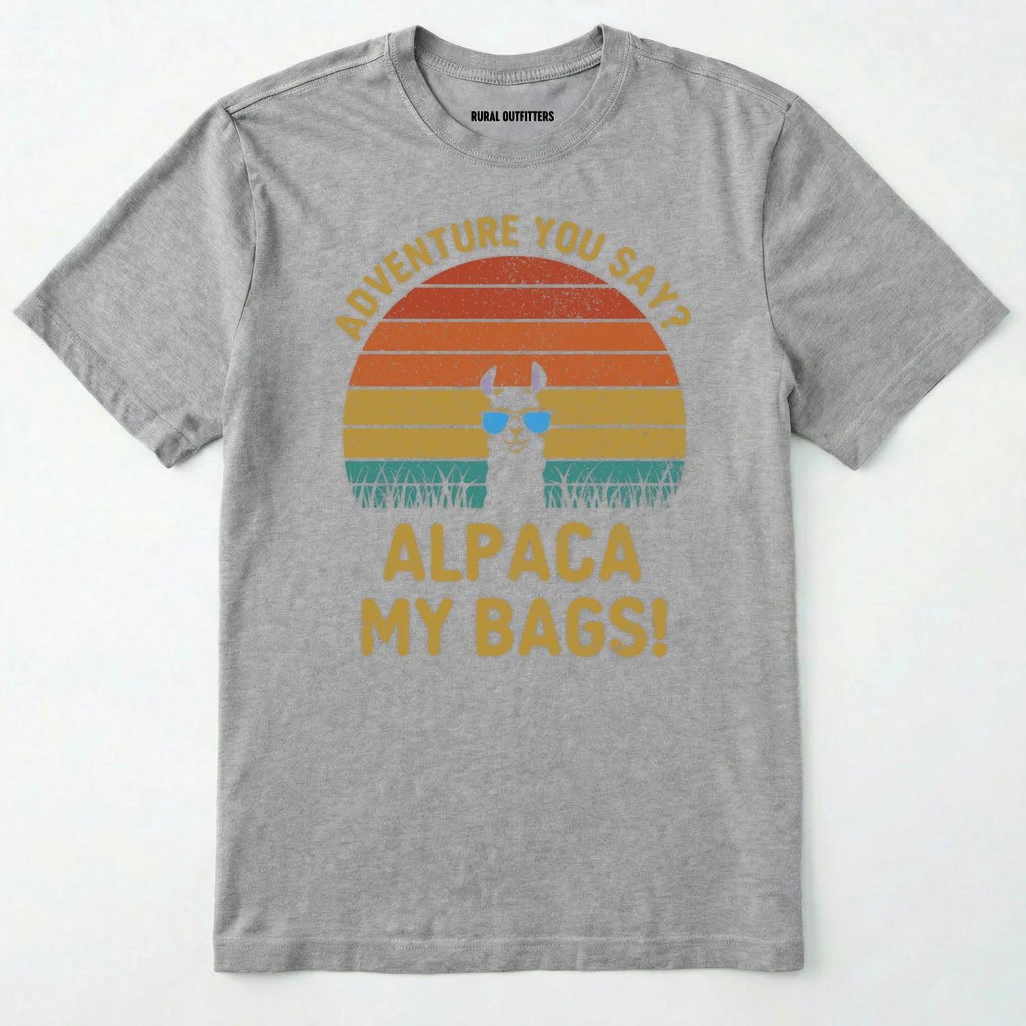 Sport Grey alpaca my bags shirt with retro sunset and llama graphic on a white background.